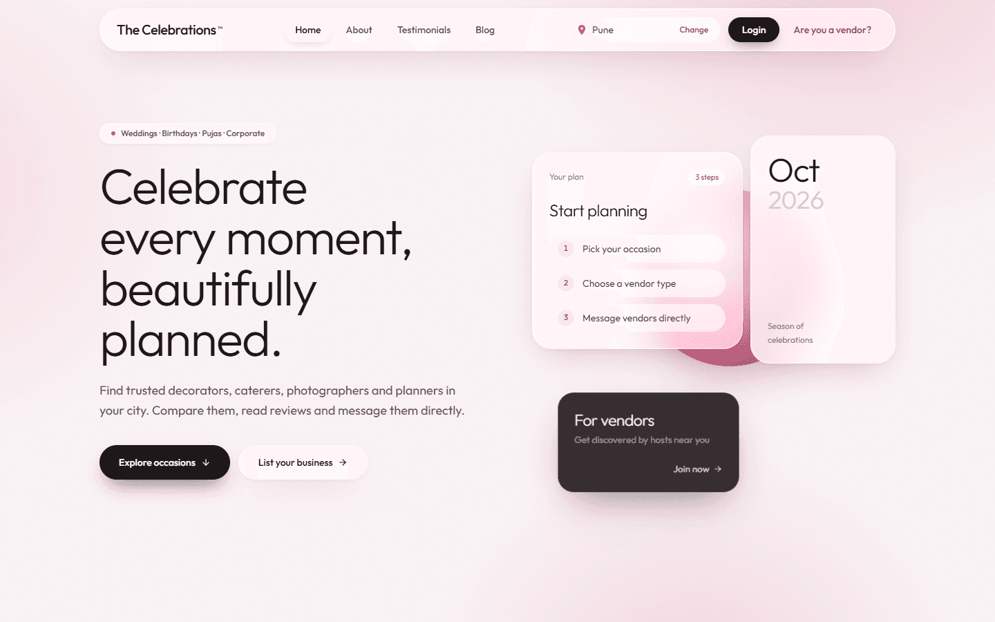 The Celebrations homepage with the headline Celebrate every moment, beautifully planned and a three-step planning card
